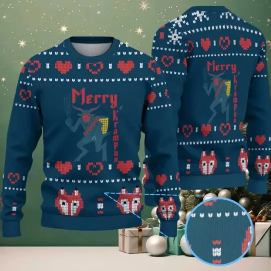 Dark Teal Heart Pattern Merry Krampus Demon Face Ugly Sweater