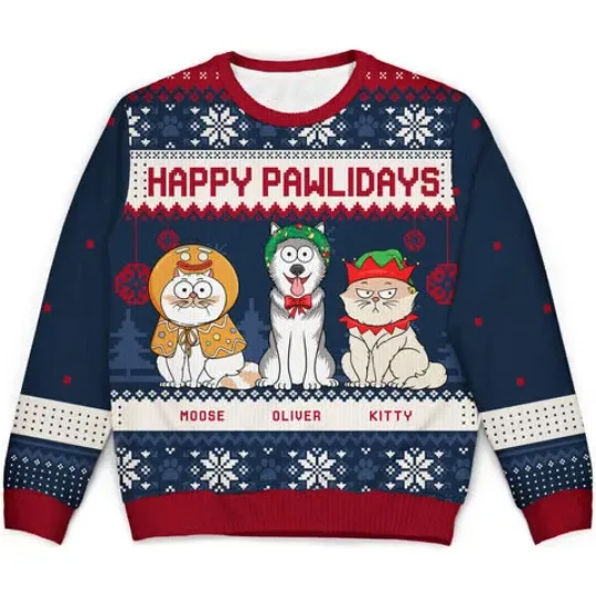 Discover Happy Pawlidays Ugly Xmas Sweater, Funny Cartoon Pet Lovers Holiday Gift