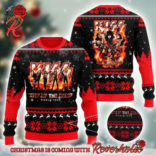 Discover K*iss End of the Road World Tour Ugly Xmas Sweater, Fire Knit Holiday Style