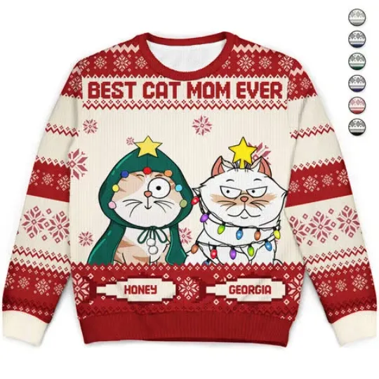 Discover Best Cat Mom Ever Ugly Xmas Sweater, Funny Christmas Gift for Cat Lovers
