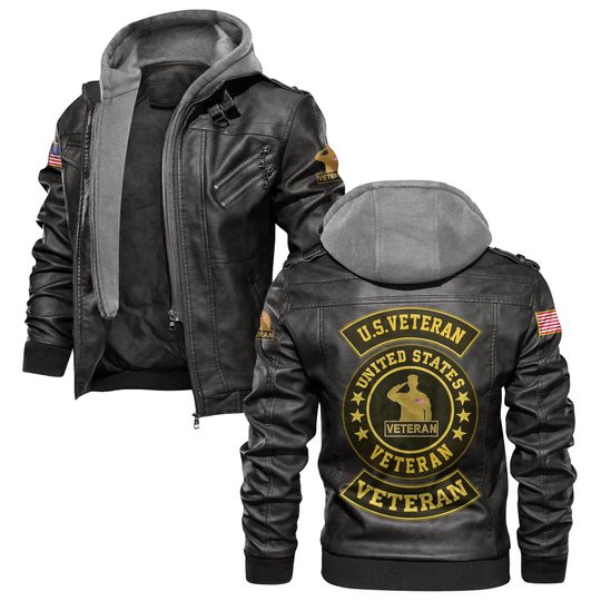 Discover Veteran Leather Biker Jacket Men, Windproof And Stylish With Military Bomber Jacket Details, A Great Patriotic Gift