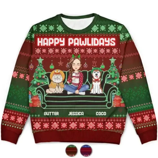 Discover Happy Pawlidays Neon Light Ugly Xmas Sweater, Funny Dog Cat Holiday Gift