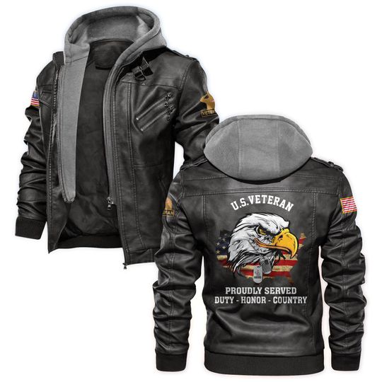 Discover Veteran Leather Jacket Men Motorcycle, Patriotic Jacket Style With Military Features, Perfect For Veterans Day Gifts