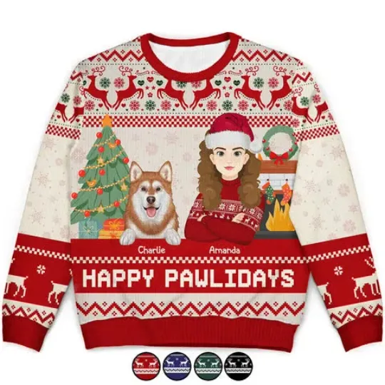 Discover Happy Pawlidays Dog And Cat Lover Flat Art - Personalized Unisex Ugly Sweater