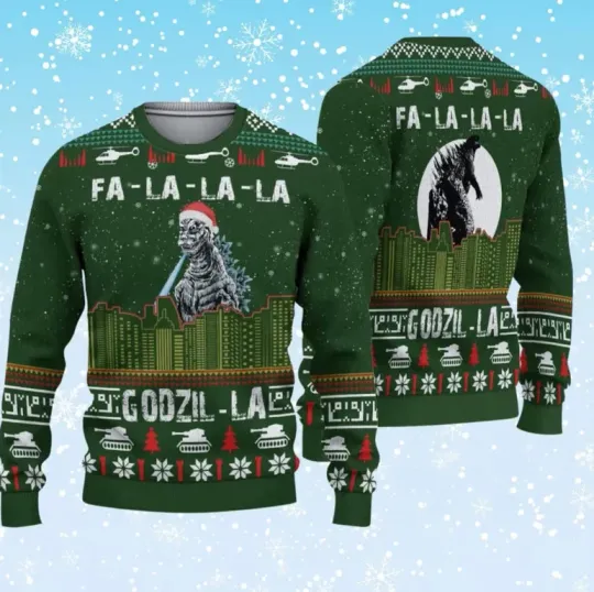 Discover god zilla Ugly Christmas Sweater, Fa La La Parody