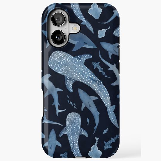 Discover Monochrome blue watercolour shark ocean on black iPhone Case