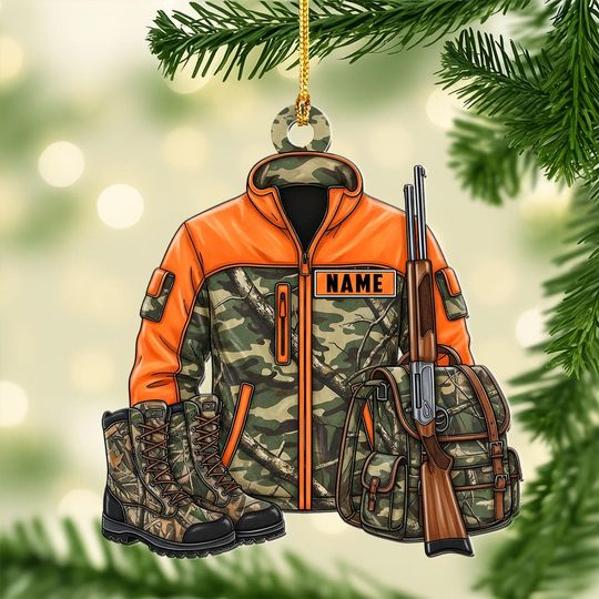 Discover Personalized Hunting Gear Ornament, Custom Name Hunter Gift, Camo Jacket Xmas Decor, Rifle Boots Tree Ornament, Outdoorsman Keepsake