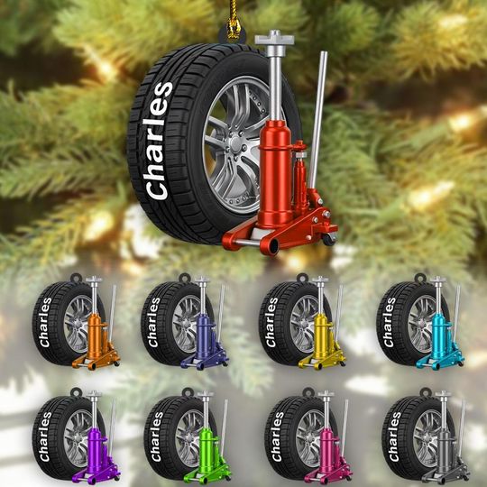 Discover Personalized Mechanic Christmas Ornament, Car Guy Gift, Custom Name Auto Repair Decor, Tire and Jack Ornament, Xmas Tree Gift