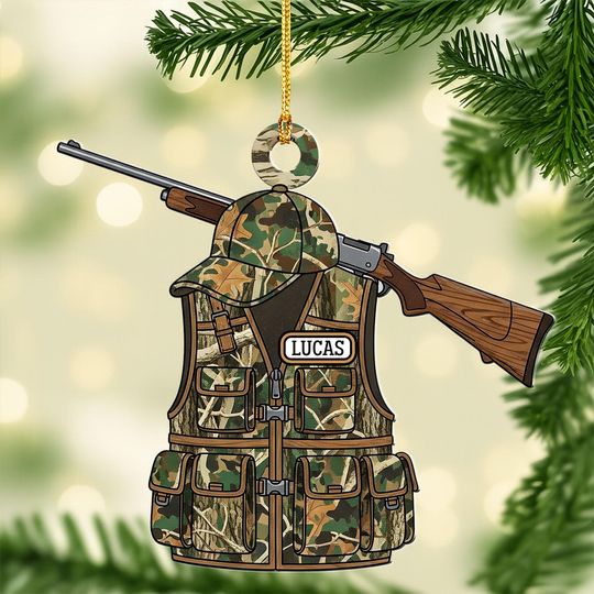 Discover Personalized Hunting Vest Ornament, Custom Name Hunter Gift, Camo Cap Rifle Decor, Outdoorsman Christmas Keepsake, Hunting Life Ornament