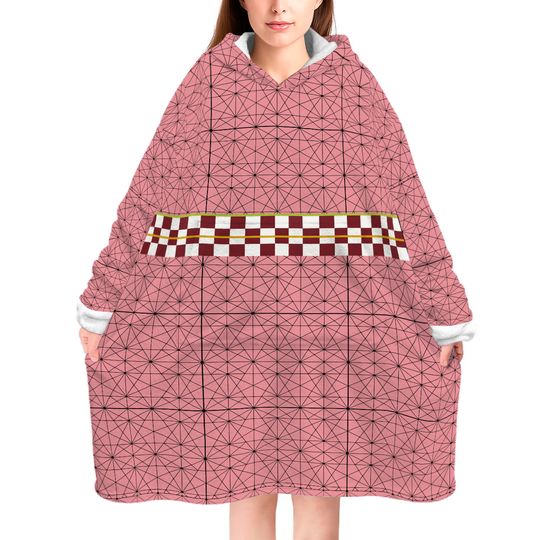 Anime Hooded Blanket Hoodie Pink Checkered Bamboo Pattern Cozy Wearable for Otaku Fans Teens and Adults Unisex