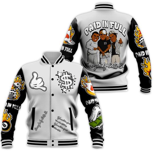 Dunkare Retro Reverse Metallic 5s Baseball Varsity Jacket, Everybody Paid In Full Graphic All Over Print Letterman Jackets