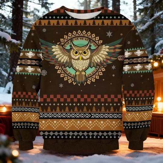 Bohemian Owl Christmas Ugly Sweater, Geometric Bird Holiday Crewneck, Brown Ugly Xmas Sweater, Wildlife Nature Lover Gift