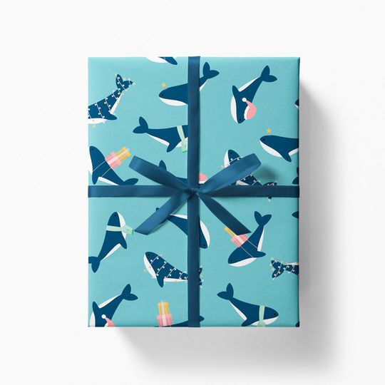 Discover Christmas Whale Wrapping Paper, Blue Gift Wrap