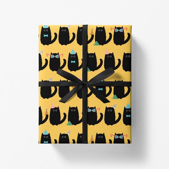 Discover Black Cat Halloween Wrapping Paper Sheet - Yellow Cat Gift Wrap for Birthdays and Celebrations