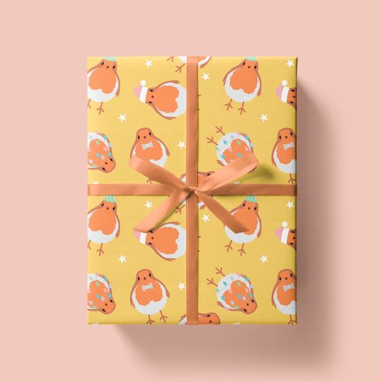 Discover Christmas Robin Wrapping Paper Sheet , Festive Gift Wrap, Yellow, Handmade
