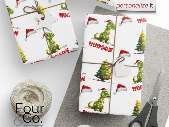Discover Dinosaur Christmas Wrapping Paper with Custom Name