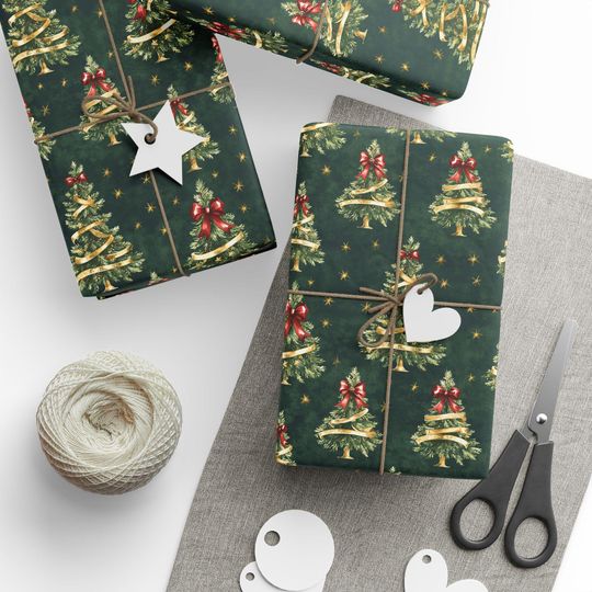 Discover Luxury Vintage Christmas Tree Wrapping Paper Elegant Holiday Gift Wrap Classic Green and Gold Christmas Ribbon Bow Gift Wrap Rolls