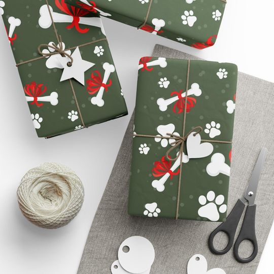 Dog Bone Christmas Wrapping Paper with Green Paw Prints, Holiday Pet Lover Gift Wrap Rolls
