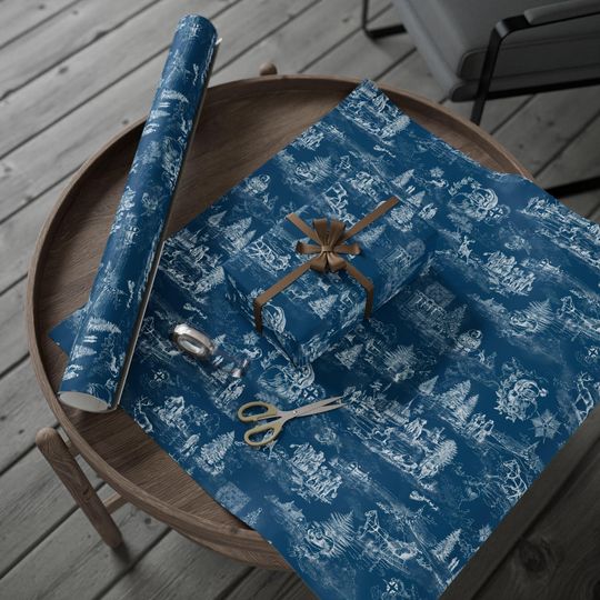 Discover White on Blue Christmas Toile Wrapping Paper, Vintage Holiday Gift Wrap with Scenic Winter Santa Reindeer Trees