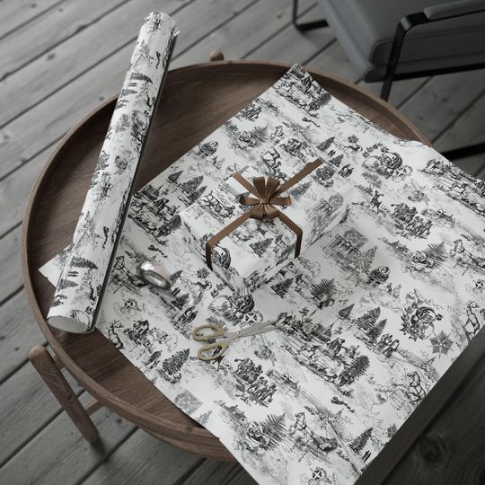 Black and White Christmas Toile Wrapping Paper, Vintage Holiday Gift Wrap with Santa, Reindeer, and Trees