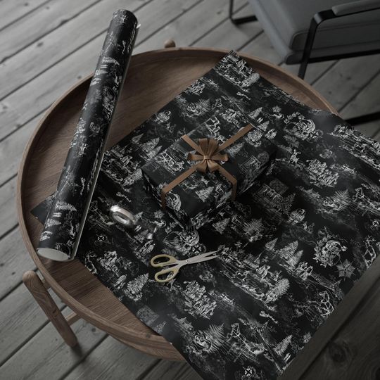 Discover White on Black Christmas Toile Wrapping Paper Vintage Holiday Gift Wrap Scenic Winter Santa Reindeer Trees