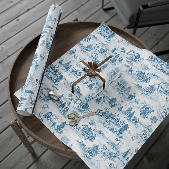 Discover Blue and White Vintage Christmas Toile Wrapping Paper with Classic Holiday Scene