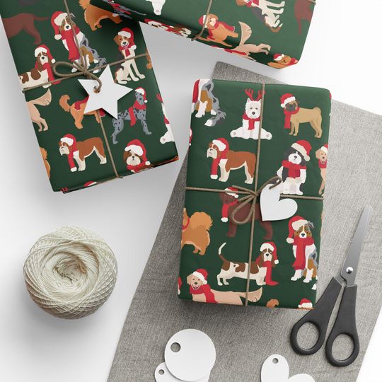 Discover Forest Green Christmas Dog Wrapping Paper with Santa Hats and Scarves