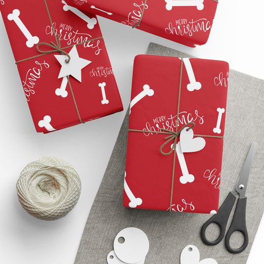 Discover Red Dog Bone Christmas Wrapping Paper, Pet Gift Wrap for Dog Lovers, Holiday Puppy Present Paper