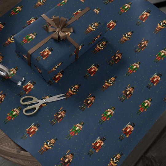 Nutcracker Christmas Wrapping Paper on Navy Blue, Elegant Toy Soldier Gift Wrap for Holiday
