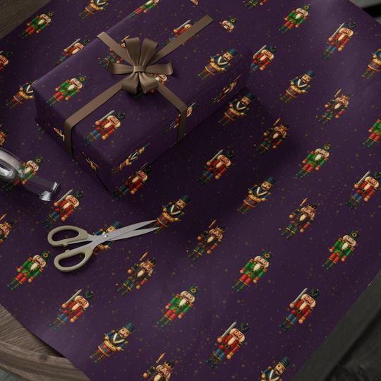 Nutcracker Christmas Wrapping Paper in Deep Plum Purple Toy Soldier Gift Wrap for Holiday Presents Vintage Style