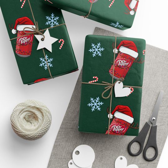 Discover Dr Pepper Christmas Wrapping Paper Santa Hat Soda Cans Reindeer Antlers Candy Canes