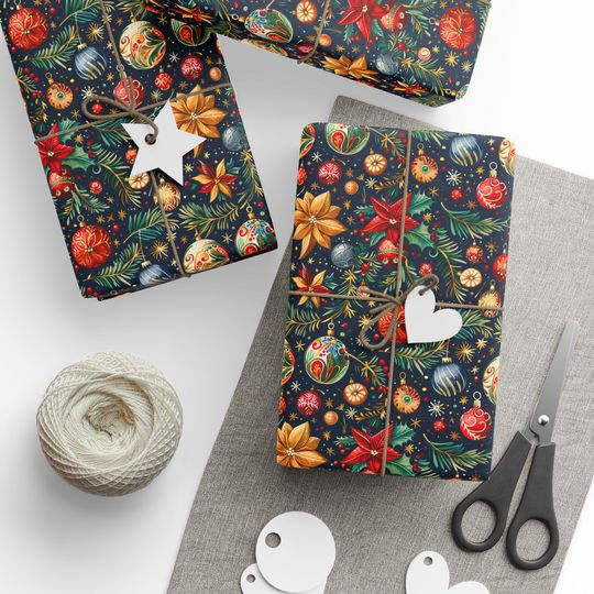 Discover Christmas Wrapping Paper Navy with Gold Stars and Poinsettias for Weddings, Anniversaries, and Birthdays