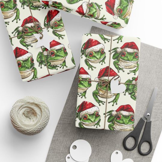 Discover Christmas Wrapping Paper Santa Hat Frogs Green and Red Holiday Gift Wrap for Kids and Teens