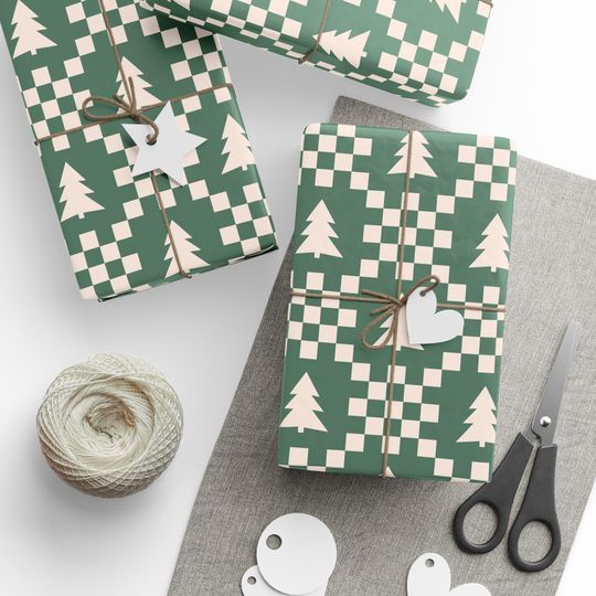 Discover Christmas Checkerboard Tree Wrapping Paper Sage Green Quilt Block Gift Wrap for Winter Weddings and Birthdays