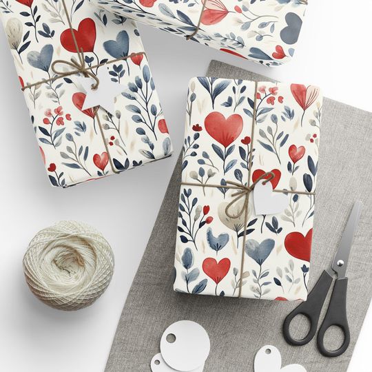 Discover Valentine Hearts Wrapping Paper Botanical Red and Slate Blue Love Gift Wrap for Weddings and Anniversaries