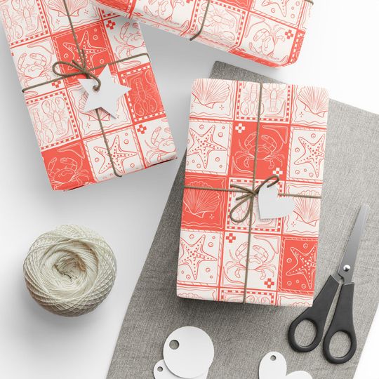 Discover Coral Nautical Tile Wrapping Paper Rolls, Coastal Gift Wrap, Crab Lobster Seashell Design