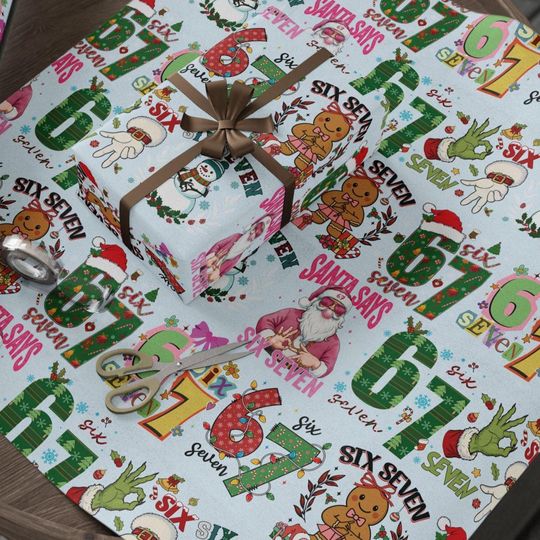 Discover Six Seven 67 Christmas Holiday Wrapping Paper, Festive Number Pattern, Winter Gift Wrap for Kids