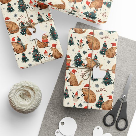 Discover Christmas Wrapping Paper with Capybaras, Santa Hats, Snowmen, and Evergreen Trees for Gifts and Celebrations
