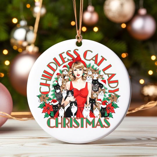 Discover Childless Cat Lady Christmas Ceramic Ornament, Cat Lover Holiday Decoration, Retro Christmas Gift