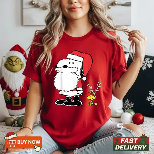 Discover Peanuts Holiday Snoopy Woodstock Antlers Santa TShirt - Multicolors, S-5XL