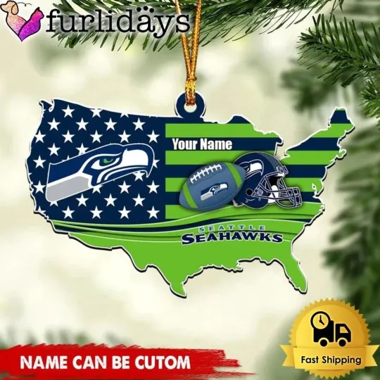 Custom Name Seattle Team Seahawks American Flag Logo Team Christmas Ornament