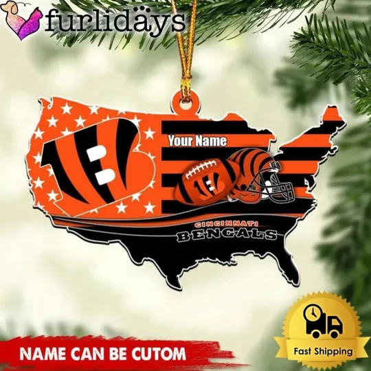 Custom Name Cincinnati Team Bengals American Flag Logo Team Christmas Ornament