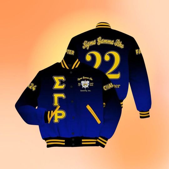 Ireishprint Sigma Gamma Rho Chapter Varsity Jacket, Blue Duo Gold Gradient Style 1922 Sorority