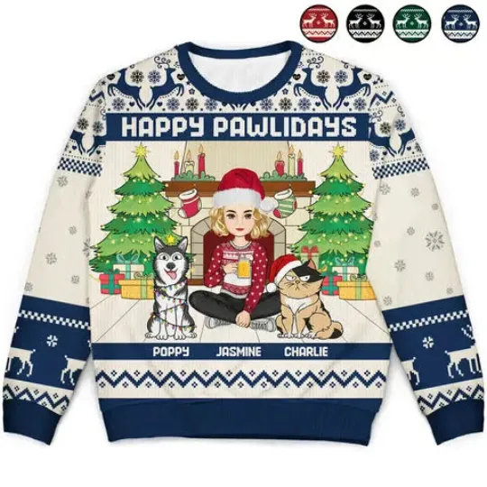 Discover Happy Pawlidays Christmas Dogs Cats - Personalized Unisex Ugly Sweater