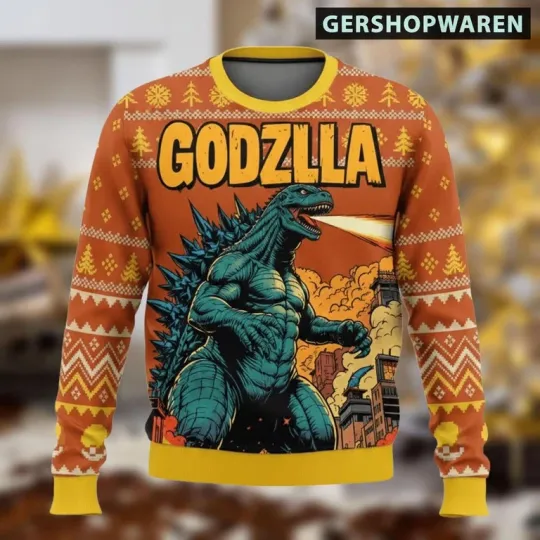 god zilla Ugly Xmas Sweater, Retro King of Monsters Family Holiday Jumper