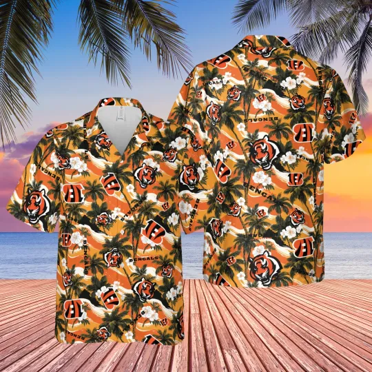 Discover Cincinnati team Bengal hawaiian shirt, 2025 preseason shirt, tropical tree