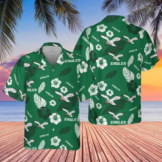 Discover Men's Philadelphia team Eagle hawaiian shirt, Throwback Logo, white/green