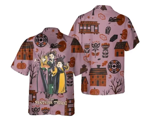Discover Disney Retro Three Sanderson Sisters Hocus Pocus Halloween Purple Hawaiian Shirt