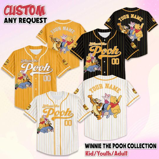 Discover Custom Winnie the Pooh Baseball Jersey, Personalized Pooh Baseball Shirt, Disneyland Vacation Tee, Birthday Gift for Fans