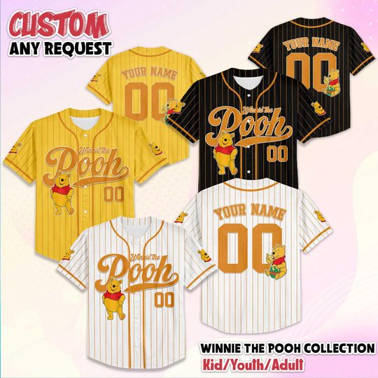 Discover Personalized Winnie the Pooh Baseball Jersey, Custom Pooh Baseball Shirt, Matching Disney Trip Outfit, Disneyland Birthday Gift
